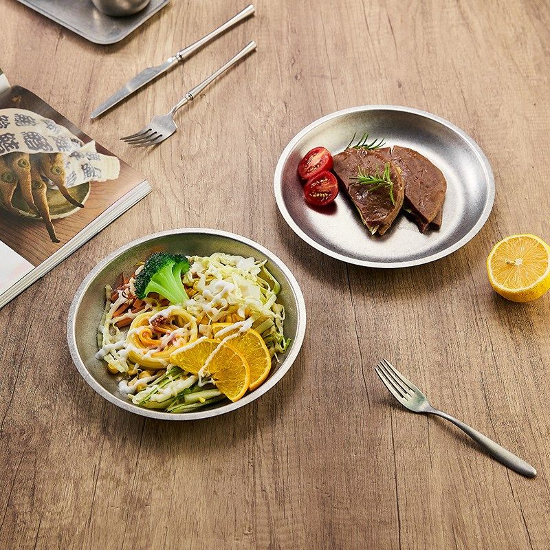 复古做旧餐盘h圆形不锈钢盘平盘菜盘家用盘子圆盘高级感深盘西餐,餐饮具,盘,淘宝优惠券,粉丝福利购,淘宝优惠卷