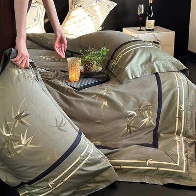 中古100S长绒棉m婴儿棉床单复古竹子拼接印花柔软全棉被套中式床