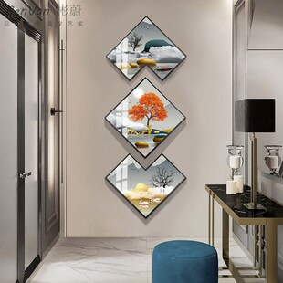轻奢晶瓷画尽头竖版 饰画玄关菱形楼梯竖挂画三Z幅走廊定 入户画装