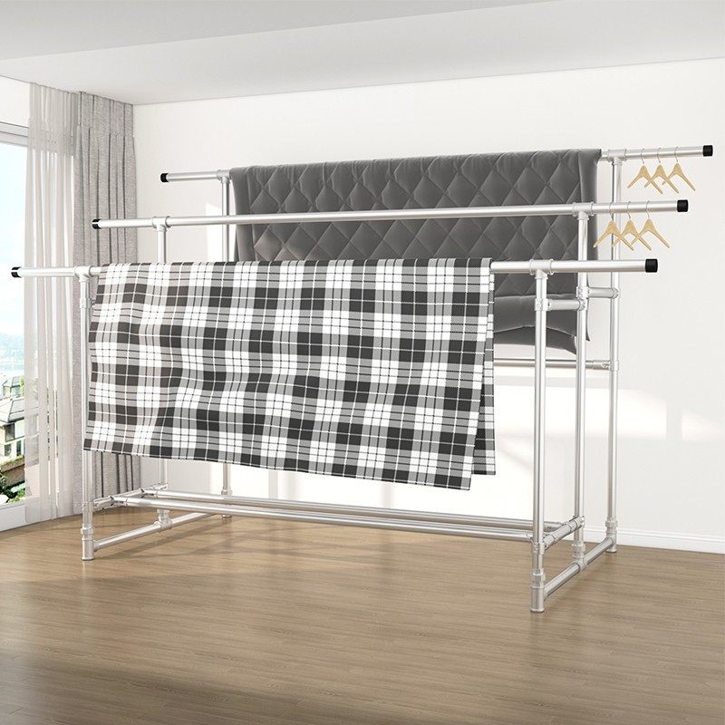 镀锌钢管晾衣架家用三杆挂衣架落地晾晒阳台户外防W风晒被子衣架