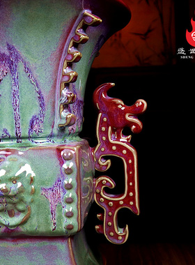 禹州钧瓷花d瓶家居客厅办公室桌面陶瓷器钧窑摆件礼盒装绿色华夏