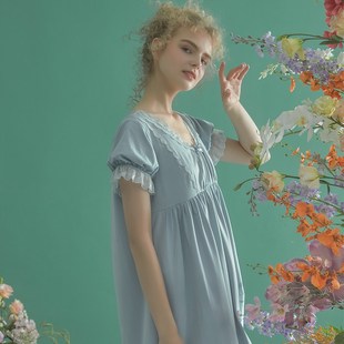 纯色棉甜美少女法式 尘熙夏季 短袖 新款 宫廷公主风家居服 睡裙女薄款