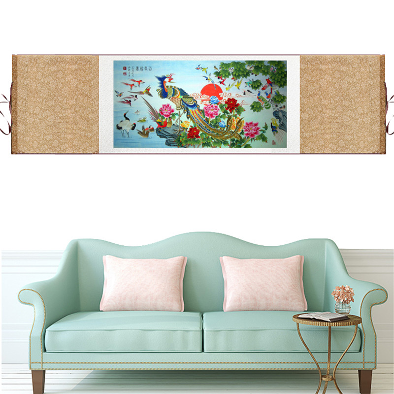 八方来财山水画国画丝绸卷轴挂画孔雀桃花树林横幅装饰书房装饰画