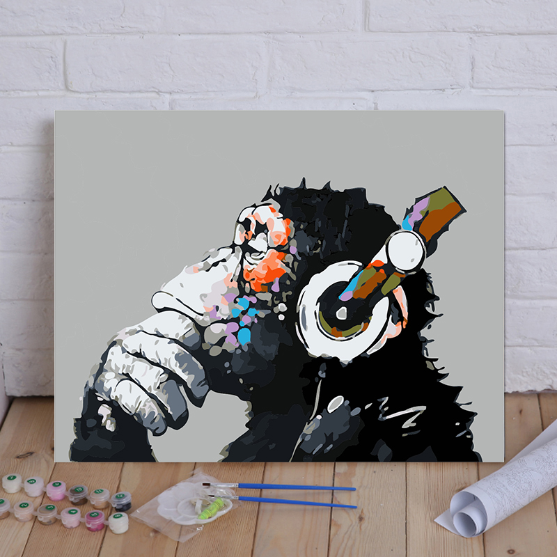 diy数字油画客厅挂画动漫动物数码填色油彩画手绘装饰画 音乐猩猩