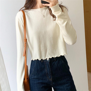 百思朵cec泫雅风高腰短款奶杏色针织衫上衣薄款毛衣冷色系打底衫