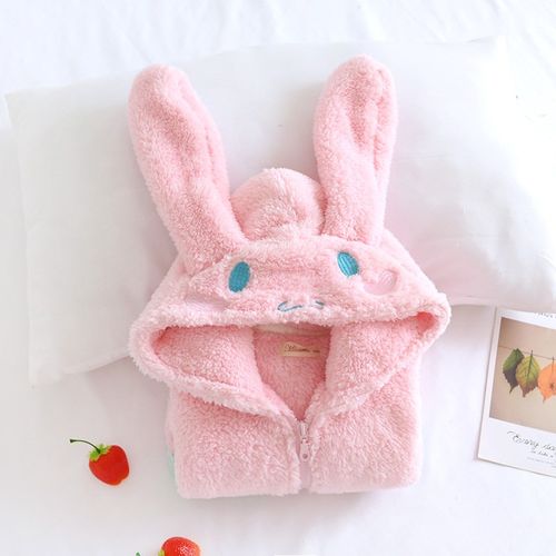 秋冬儿童加厚珊瑚绒睡衣套女童可爱卡通兔子连帽拉链法兰绒家居服