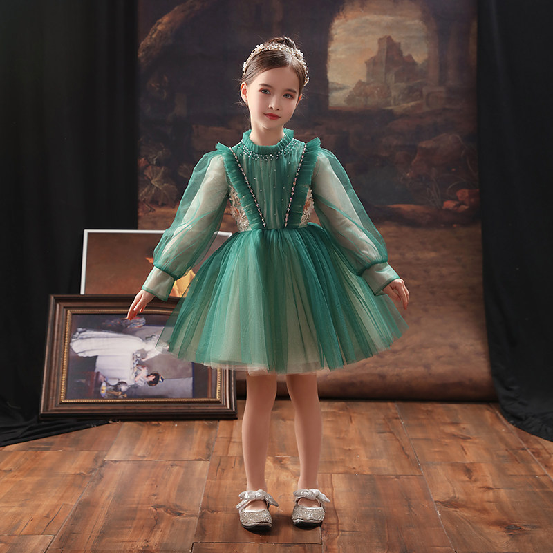 女童晚礼服公主裙女童生日花童婚纱主持人儿童钢琴演出服绿色春秋