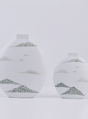 新中式陶瓷水墨纹圆形花瓶售楼处玄关客厅博古架吧台酒柜装饰摆件