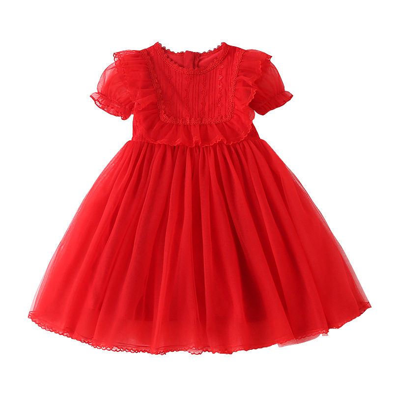 女童短袖连衣裙春夏红裙子儿童六一钢琴表演生日小礼服公主白纱裙