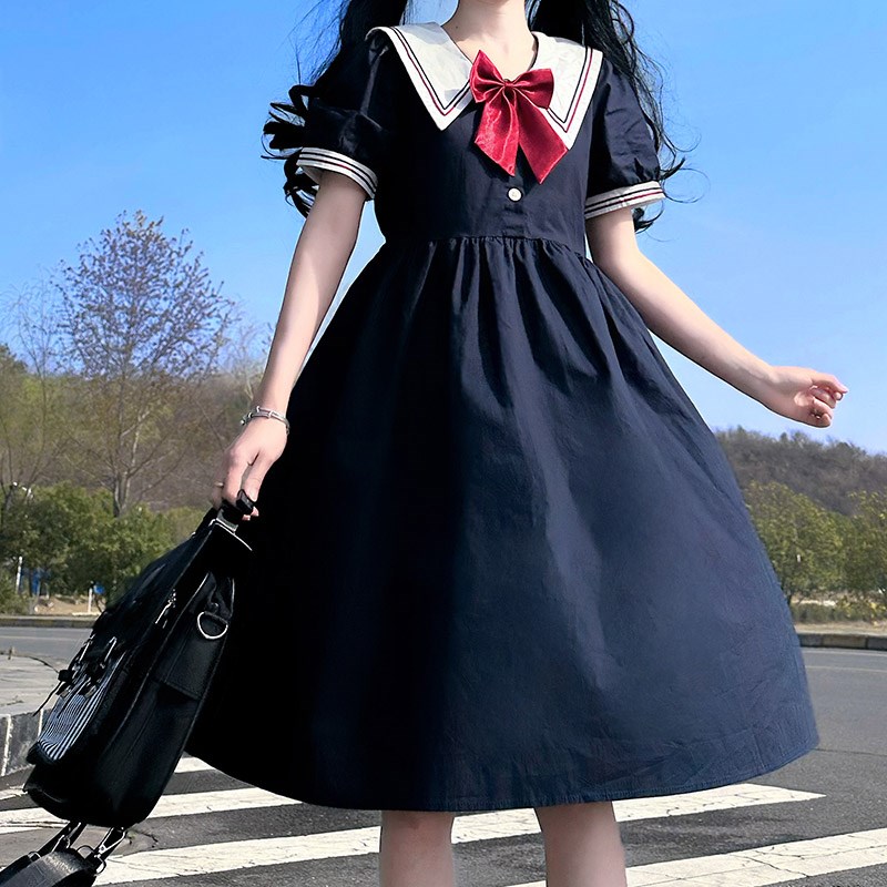 女大童连衣裙夏季海军领学院风女孩甜美JK裙子13岁初中学生水手服