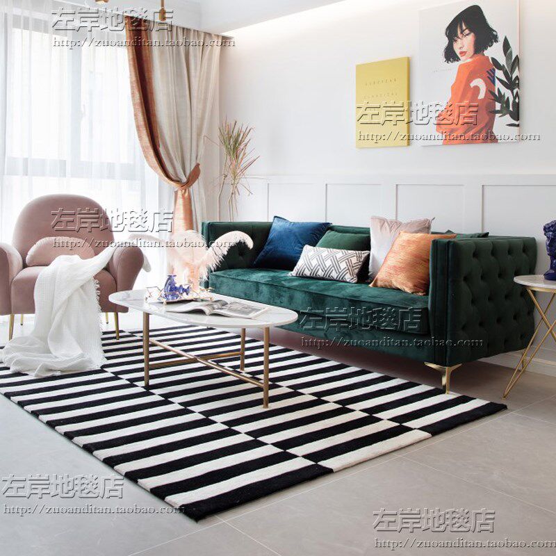 黑白条纹轻奢样板房地毯客厅茶几沙发卧室床边书房手工腈纶地毯