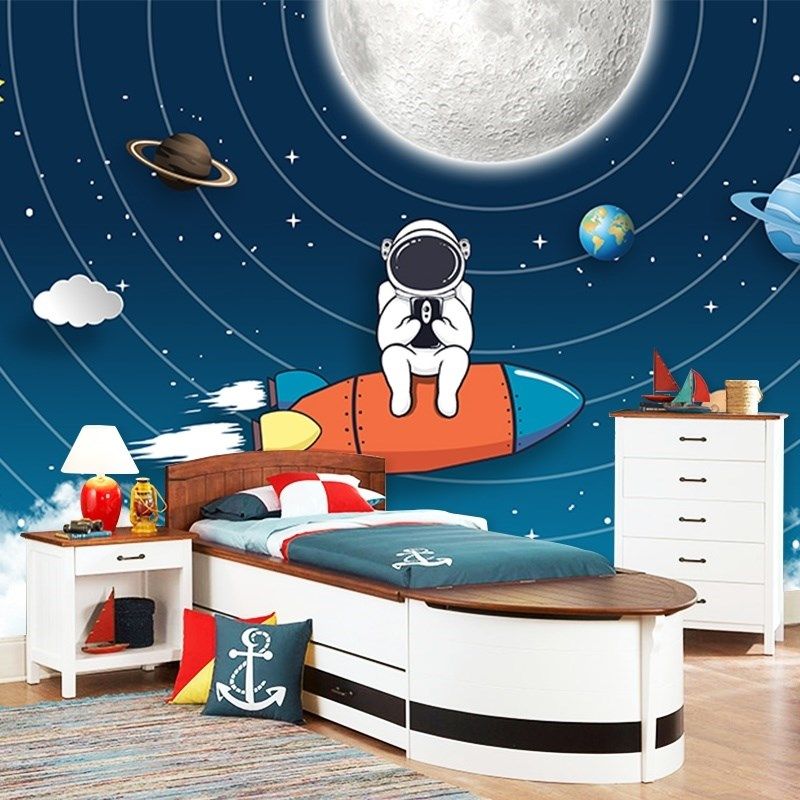 北欧儿童房壁纸卡通宇宙太空星球宇航员环保墙纸男孩房间卧室墙布