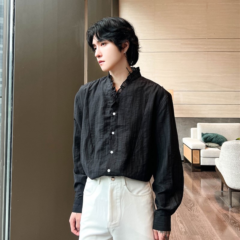 子上男装 法式复古宫廷风褶皱木耳边V领衬衫男小众高级感宽松上衣