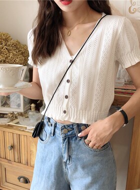 小个子穿搭145百搭v领缕空针织衫T恤女150宽松短袖短款衬衫上衣夏