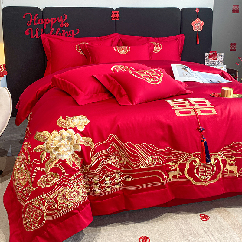 简约结婚婚庆四件组纯棉新婚100全棉大红色牀单被套陪嫁牀上用品4