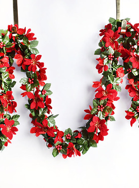 圣诞节装饰用品红色圣诞花编织藤条160CM长红花串条圣诞道具1.6米