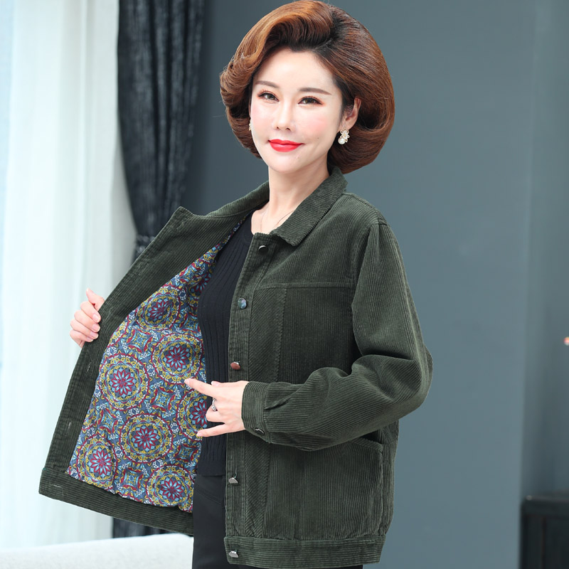 中老年女春秋纯棉外套老人条绒风衣加大码中年灯芯绒夹克妈妈上衣