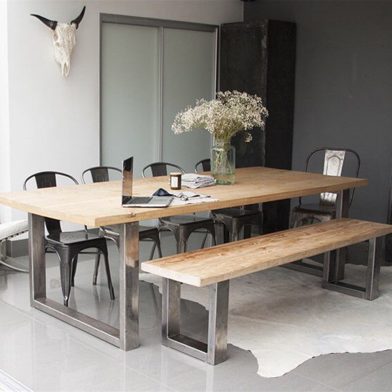 LOFT美式实木餐桌铁艺工作台复古办公桌会议桌咖啡厅餐桌椅组合