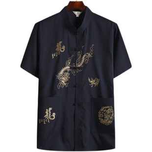 衬衫 唐装 套装 老人短袖 晨练汉服 男爸爸中老年人中国风爷爷2021夏季