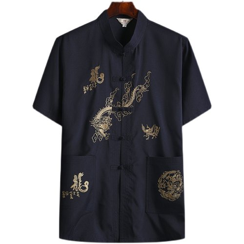 唐装男爸爸中老年人中国风爷爷2021夏季老人短袖套装衬衫晨练汉服