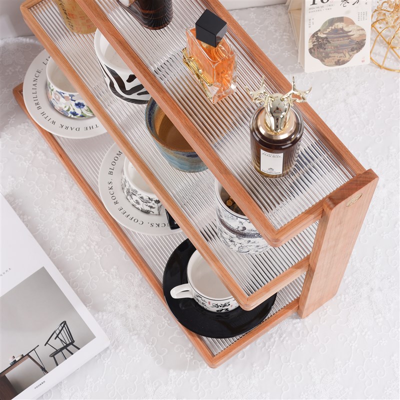 梯形实木亚克力多层樱p桃木杯架咖啡杯子香水收藏展示收纳置物架
