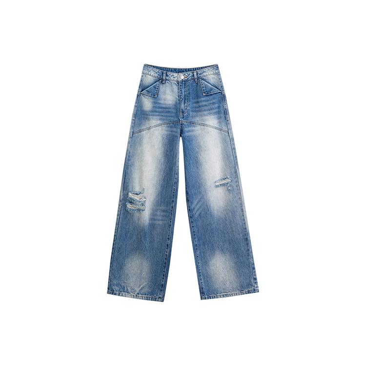 RICHIE MACIE24春季新款迷雾游戈系列渐变洗水破洞牛仔长裤女