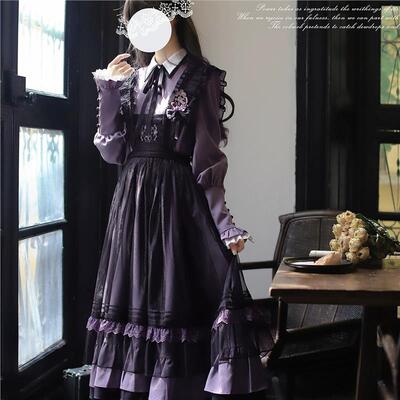 长袖连衣裙洛丽塔【魔女学院lolita灰紫黑连衣裙刺绣网纱罩裙洋装