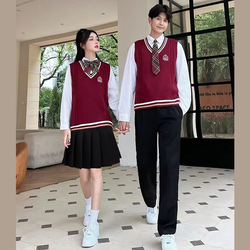 速发学院表jk制服酒红马甲叠穿春秋初高中学生班服校服风演出服