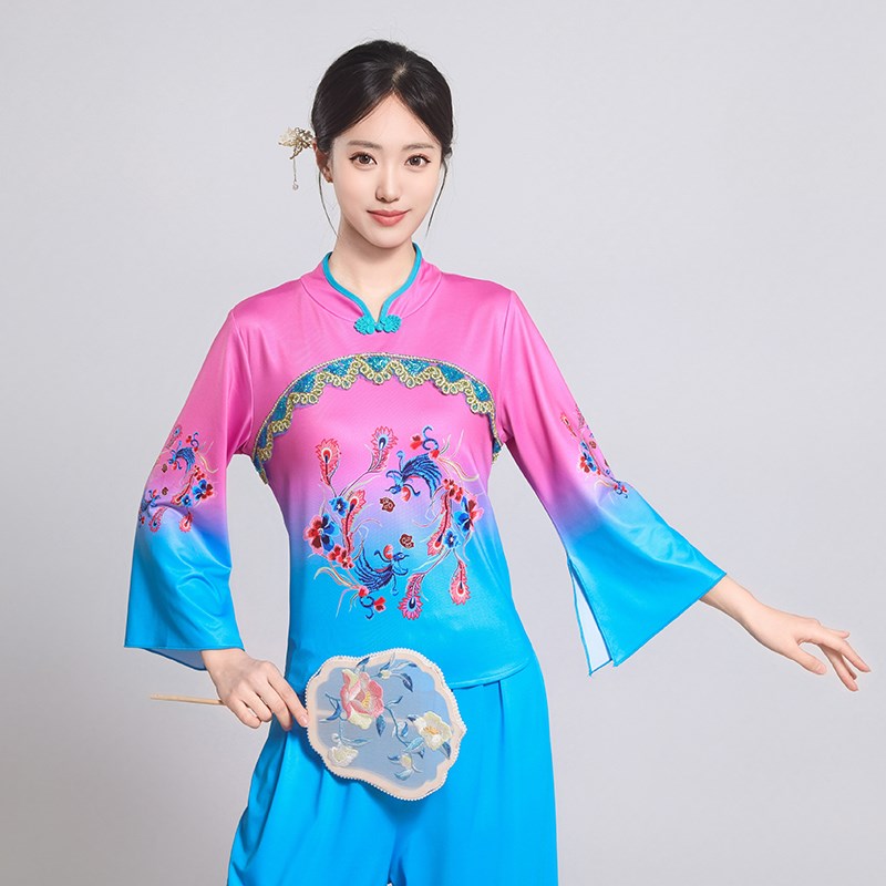 速发新款古典秧歌渐变色舞蹈服装中国风演出服中老年广场舞扇子舞