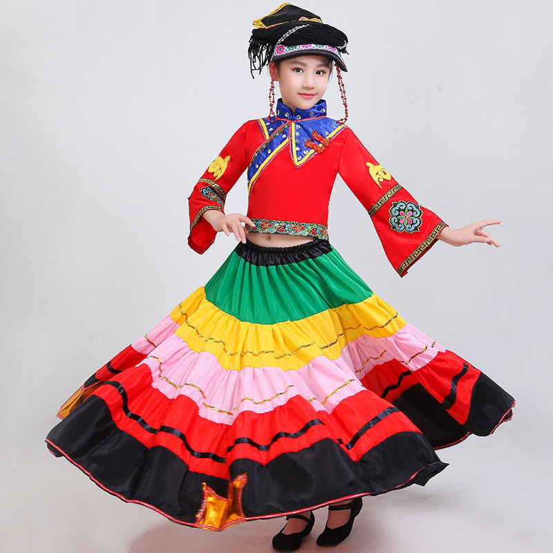 速发七月火把节彝族演出服儿童快乐光表演服装大摆裙七彩梦想舞蹈