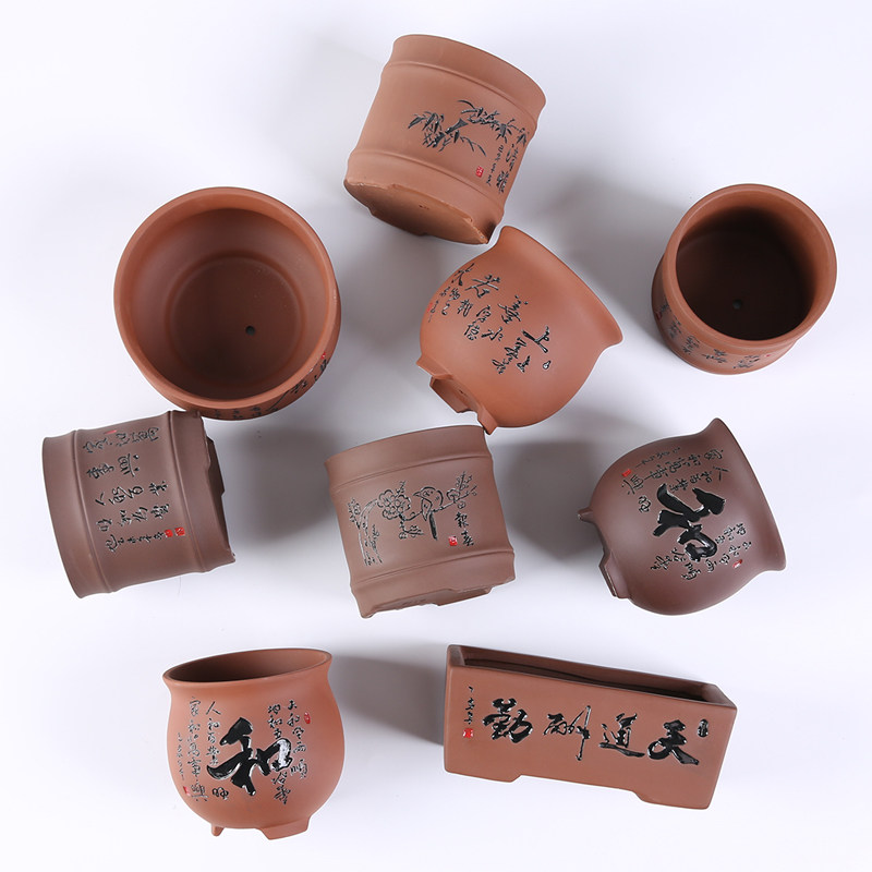 速发花砂多肉小紫盆粗陶内气复古小盆栽简约室透创意文竹小老桩陶