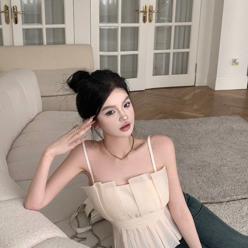速发纯欲风性感吊带背心夏季杏色甜美小清新外穿收腰短款荷叶边上