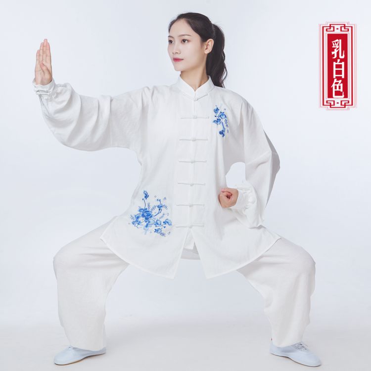 速发新款太极服长袖亚麻棉刺绣春秋太极拳练功服装夏武术比赛表演