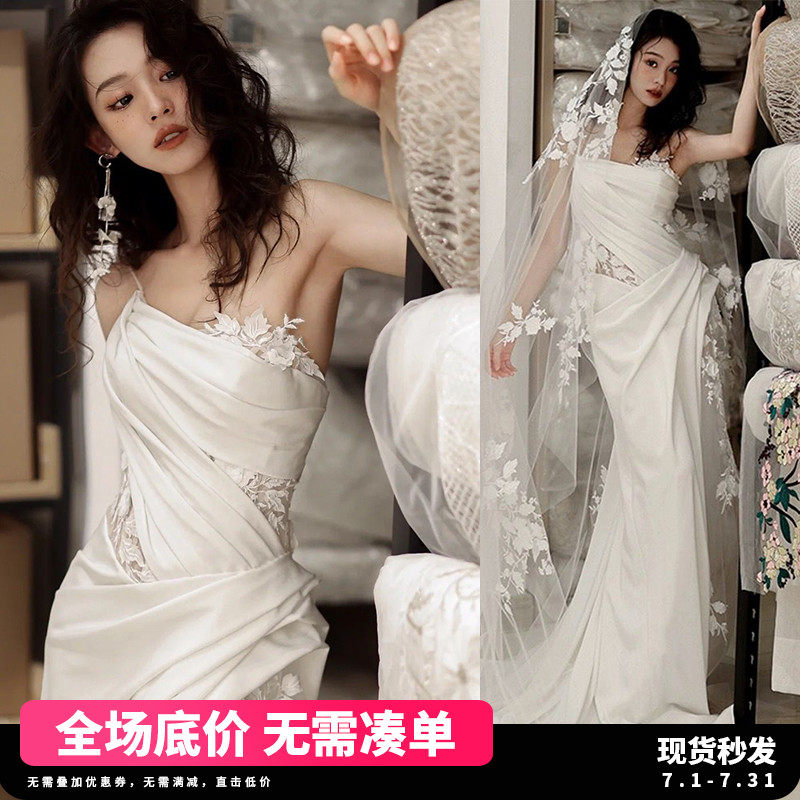 速发法式蕾丝 晨质抹胸新娘结婚礼酒服缎面拖尾婚纱敬服气袍100