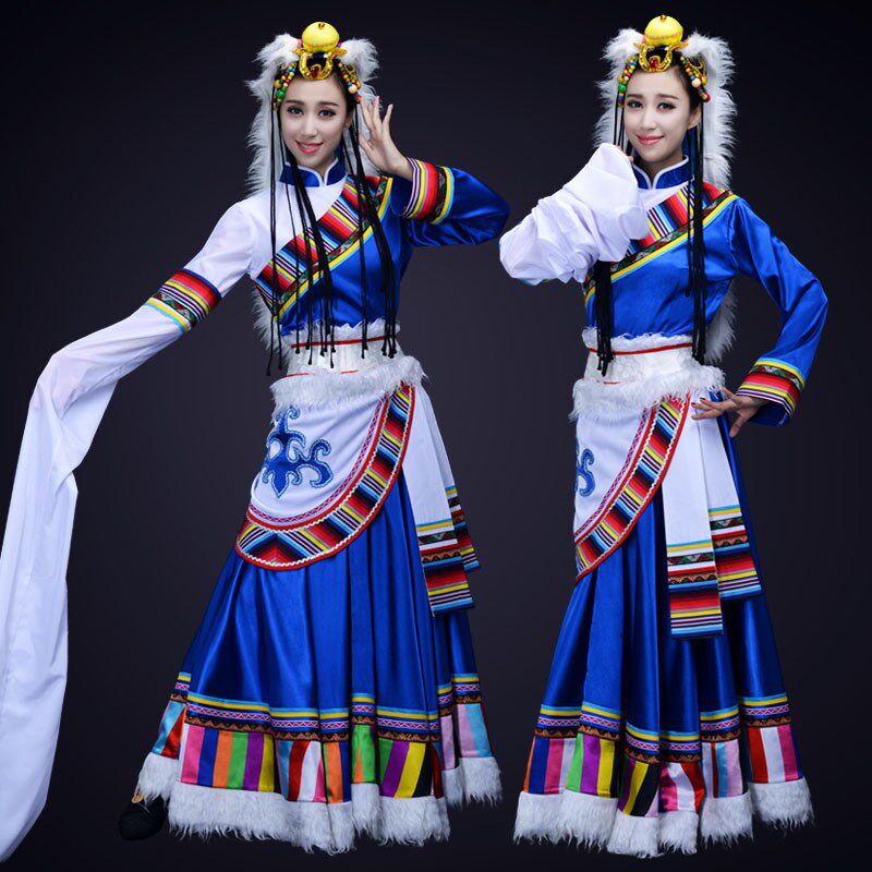 速发藏族舞蹈服装水袖舞蹈演出服装藏袍西藏舞衣服蓝色少数民族表