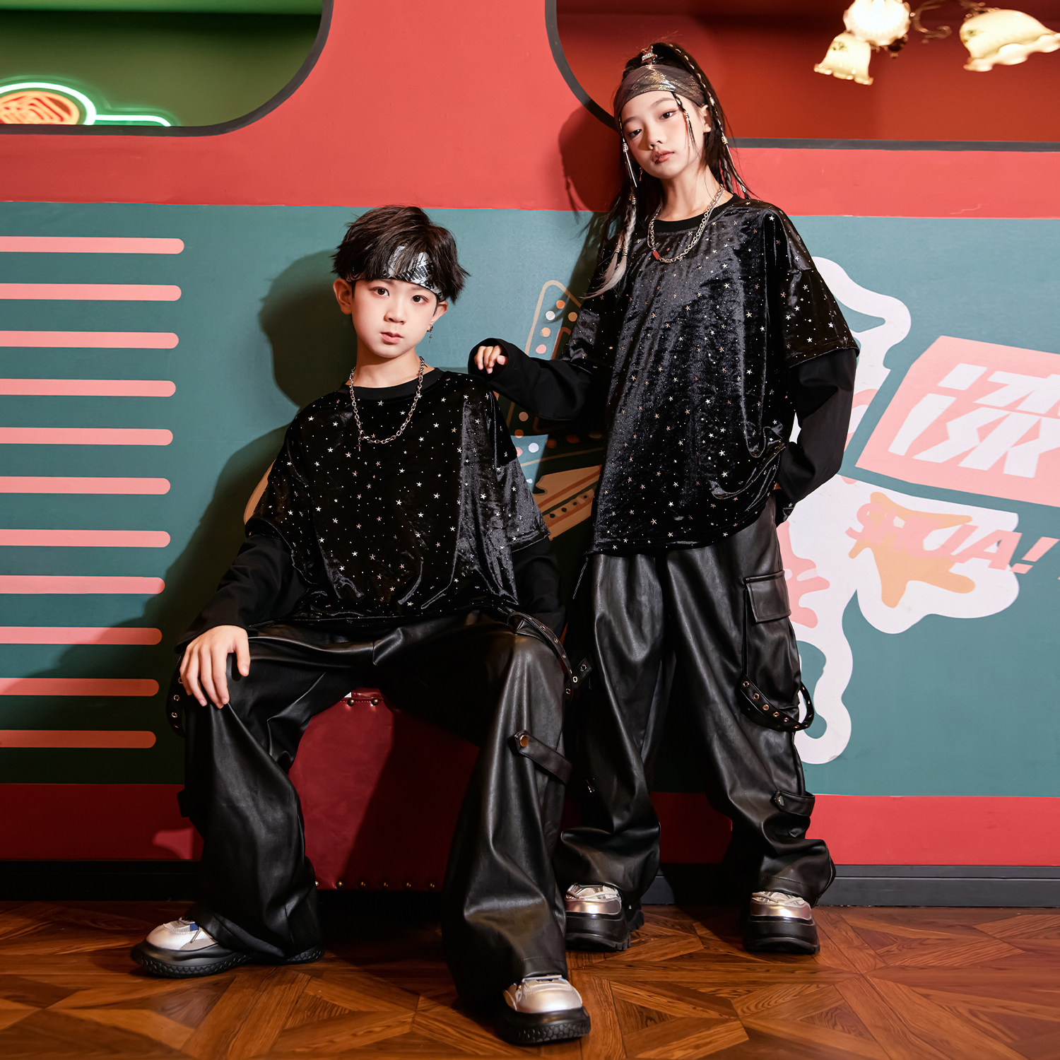 速发街舞儿童潮服爵士舞演出套装男子潮酷hipho演舞蹈服架童鼓表p