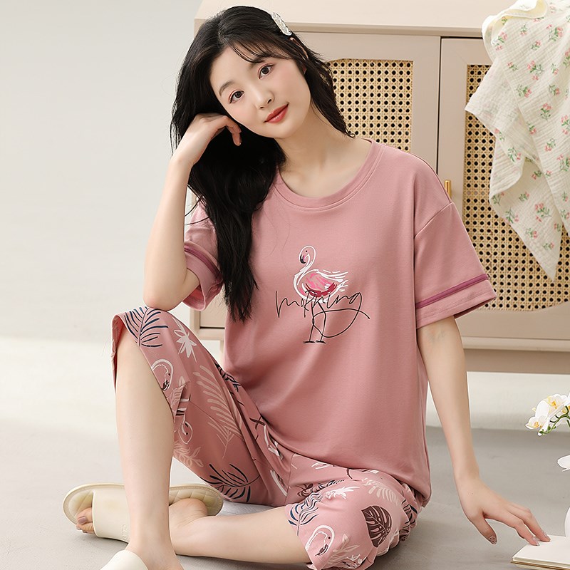 速发夏季大码睡衣套美七服裤士棉家居分薄款夏天甜装可外穿