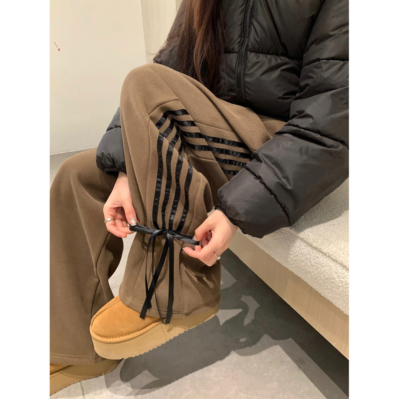 速发蝴蝶结裤计阔小众感腿休闲裤早春韩版宽松百搭条纹运动拖地设
