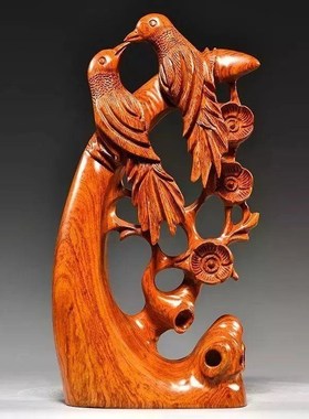 速发花电木质喜上眉工喜鹊摆件家居客厅梨视柜根雕红木梢艺品乔迁