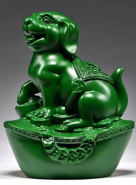 速发绿色木二狗摆件十质生肖狗摆设家居客厅电视柜办公装饰红木艺