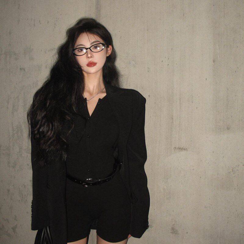 速发黑色长袖运动连体短裤春季辣妹性感紧身直筒裤内搭打底连衣裤