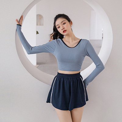 速发新款运防风分体蓝泉动晒长袖露背三件套温色泳装