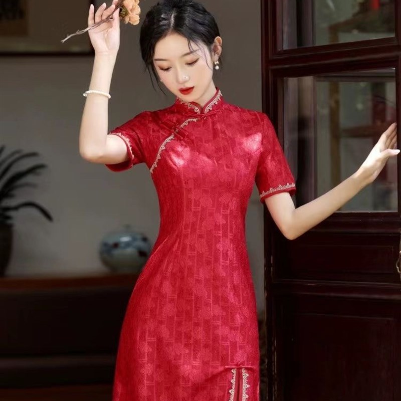 速发红色旗袍改良年轻款少小个子15m显高短款高考敬酒服新娘蕾丝