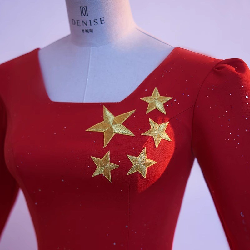 速发红色中国风大合唱团指挥演出服方领舞台朗诵红歌表演礼服长裙