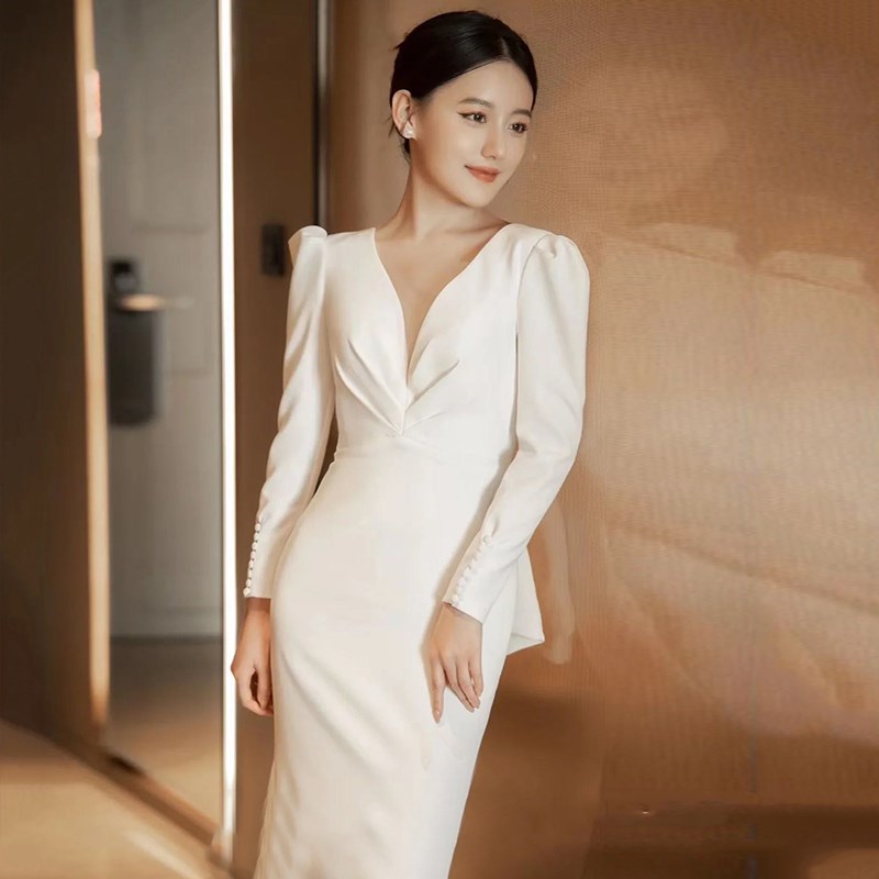 速发法式缎面长袖轻婚纱新娘气质宴会复古迎宾出门纱鱼尾敬酒晚礼