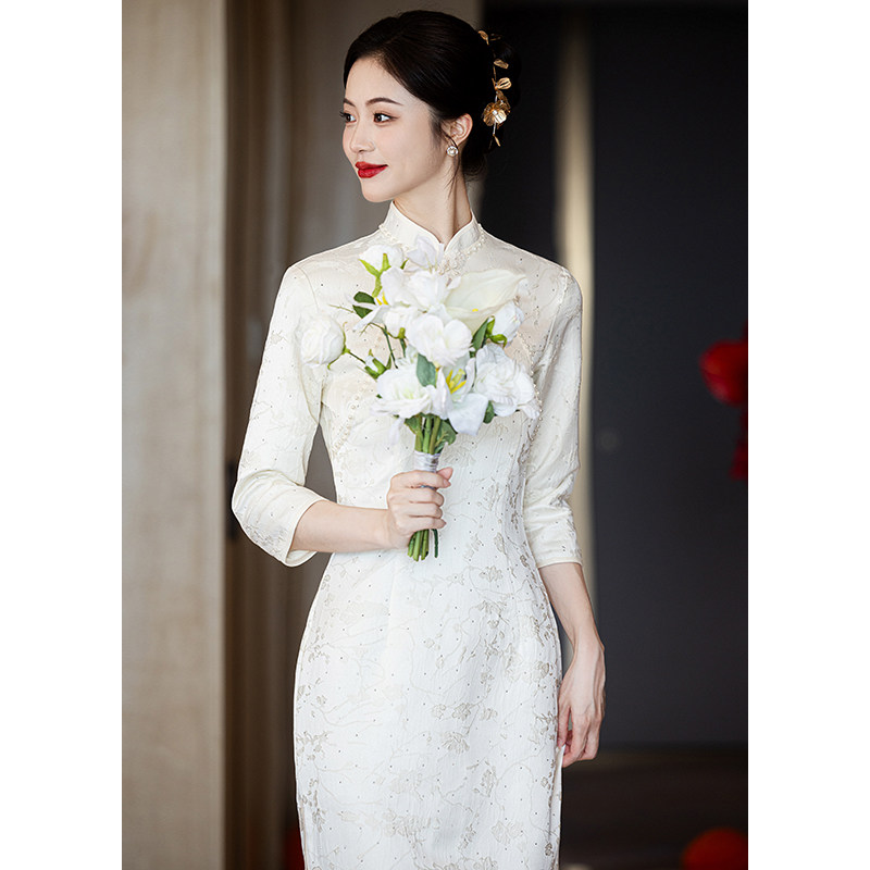 速发新中式白色长袍订婚衣服裙婚礼服裙领证连衣结日常可穿秋冬季