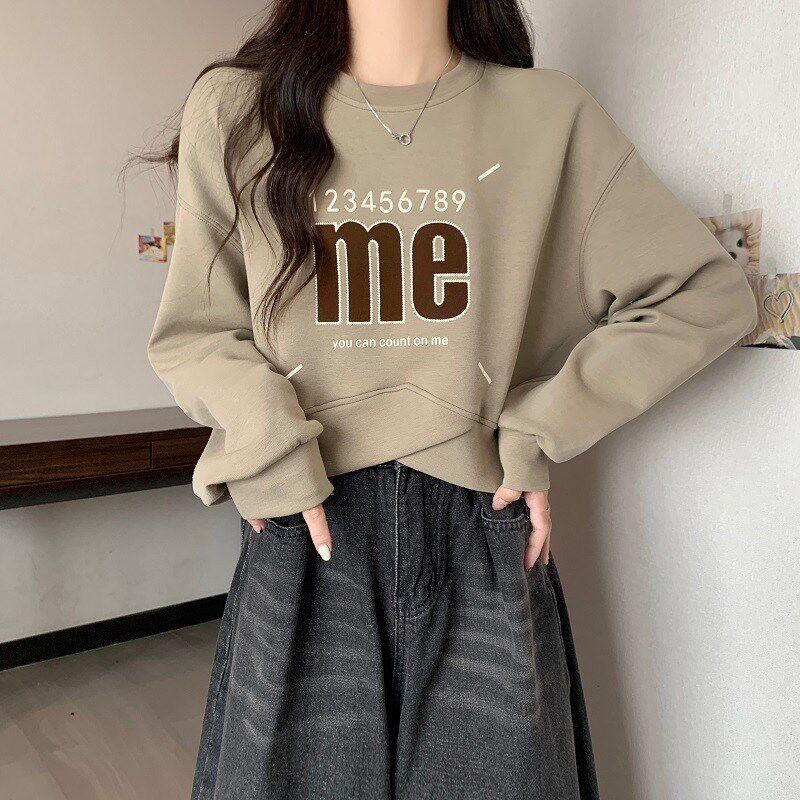 速发美式复古正肩卫衣大码春秋微肚遮短版宽松韩款上衣爆款
