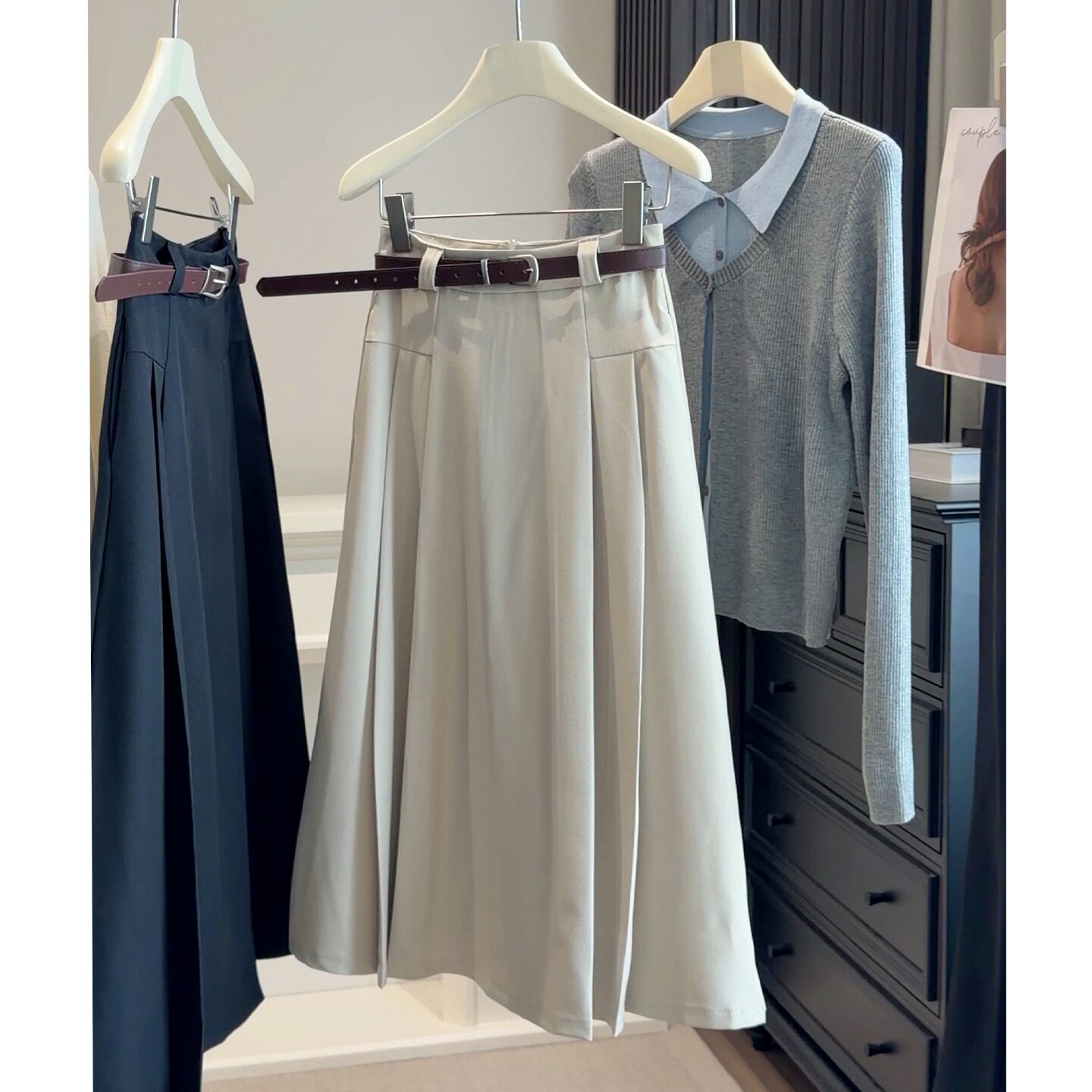 韩版通勤西装百褶半身裙女春夏新款高腰垂感显瘦a字中长款伞裙子