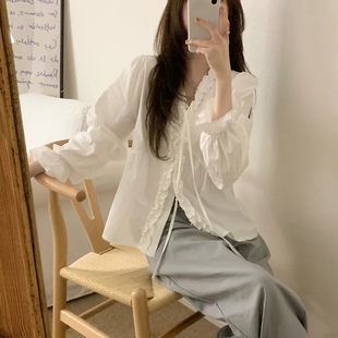 上衣 别致衬衫 韩系温柔减龄时尚 木耳花边V领蝴蝶结长袖
