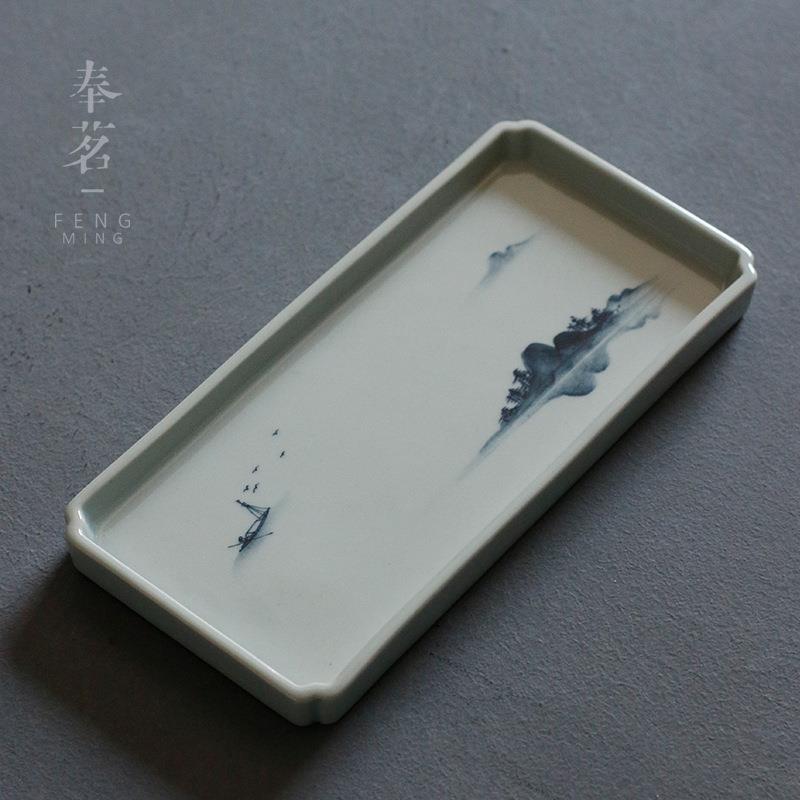 纯手绘古青花陶泥山水茶盘 壶承杯垫功夫茶具单层干泡台